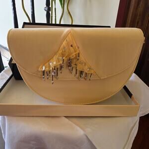 NWT Champagne Italy, yellow,‎ half circle purse with gems
